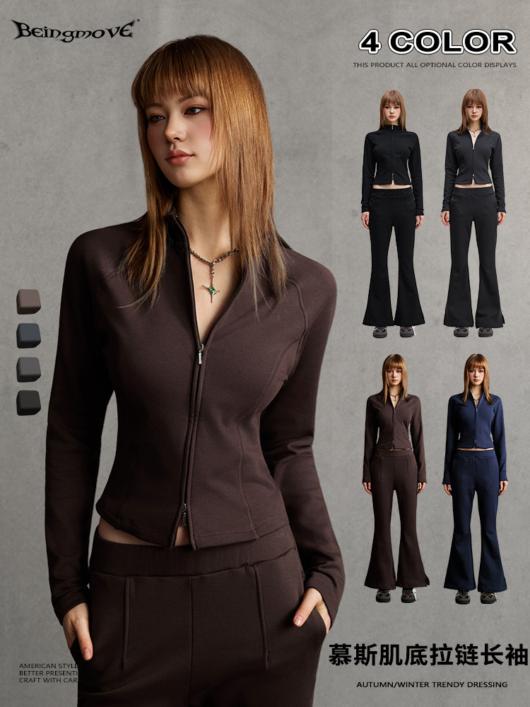 Calle secada| 2025 otoño americano delgado cardigan con cremallera de manga larga chaqueta corta de hombro para mujeres