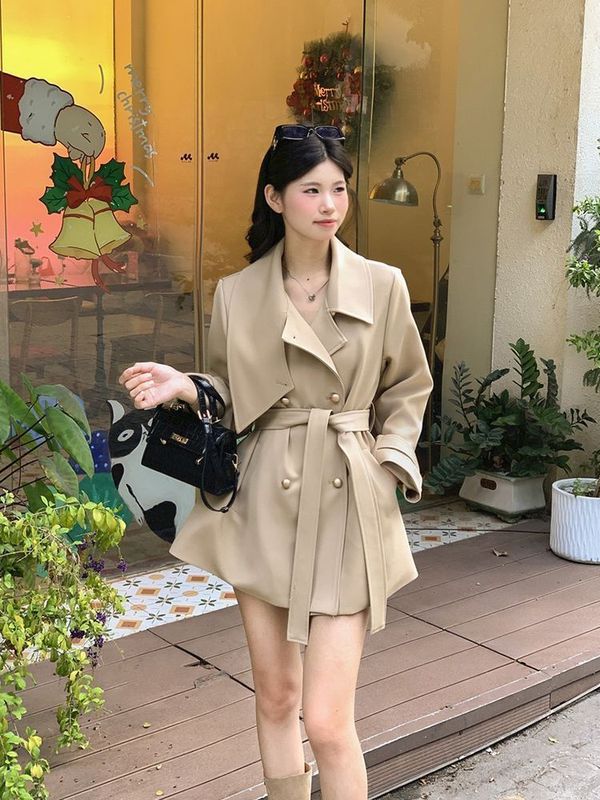 法式气质名媛风围脖设计黑色风衣外套女秋季高级感宽松英伦风大衣|undefined