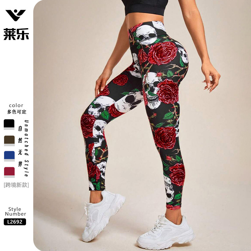 European and American women's Halloween skull and rose print yoga pants, high-waisted, hip-lifting, high-elasticity, tight-fitting, casual, and sporty long pants European and American women's Halloween skull and rose print yoga pants, high-waisted, hip-lifting, high-elasticity, tight-fitting, casual, and sporty long pants