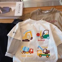 男の子綿長袖 Tシャツ春と秋 2025 韓国版新しい赤ちゃん偽ツーピース底シャツ漫画車 Tシャツ