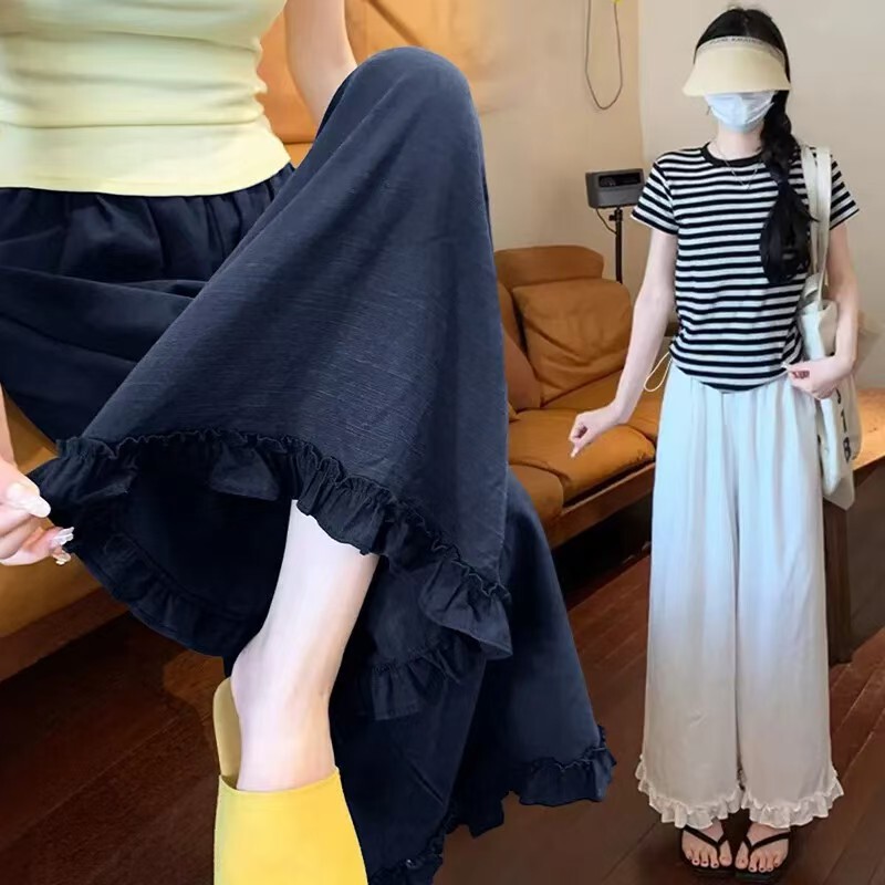 Maternity Lyocell Cotton Wide-Leg Pants, Loose Flared Pants, Skin-Friendly, Breathable, Ruffled Edge Maternity Pants