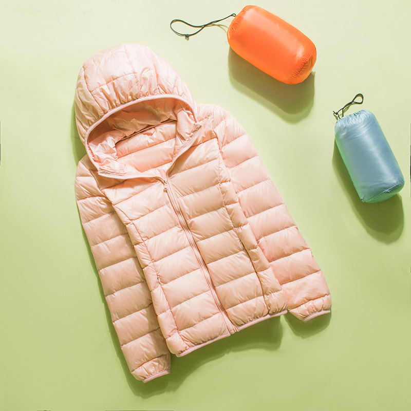 2025 Spring and Autumn New Lightweight down Jacket Women's Short White Duck down Slim Large Size Hooded Jacket with Storage Bag