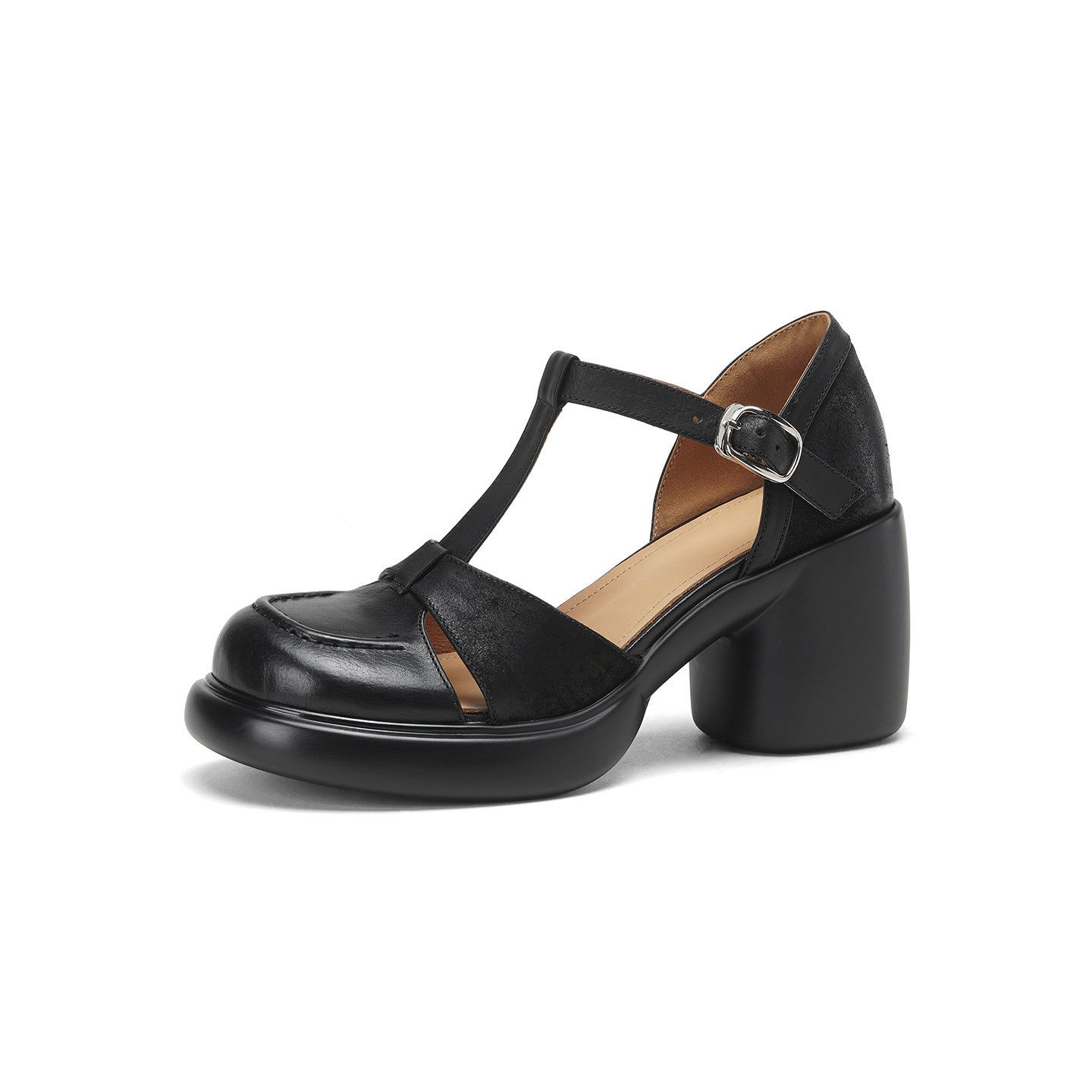 Sandal nữ cao gót mũi nhọn quai chữ T da bò, gót 8 cm — đen chi tiết 21