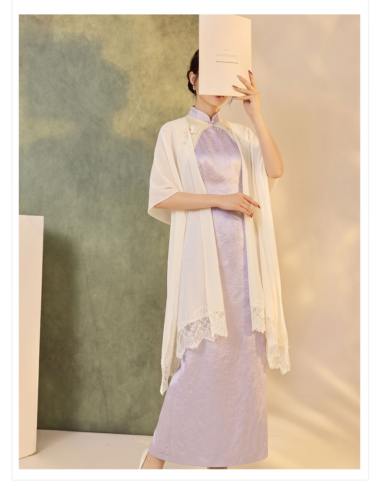Đầm maxi satin sọc tông màu nối tay tua, cổ chẻ — Khoai tây tím chi tiết 14