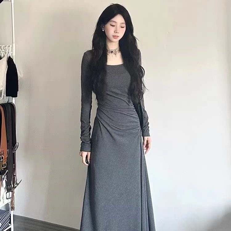 法式长袖灰色连衣裙子女收腰气质垂坠感显身材内搭包臀长裙早秋季|undefined
