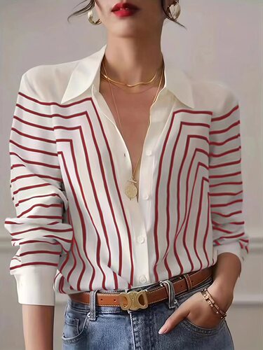 Women's Long Sleeve Loose Striped Shirt for Autumn, High-end and Charming, Slimming Double crepe silk top, Elegant women's blouse