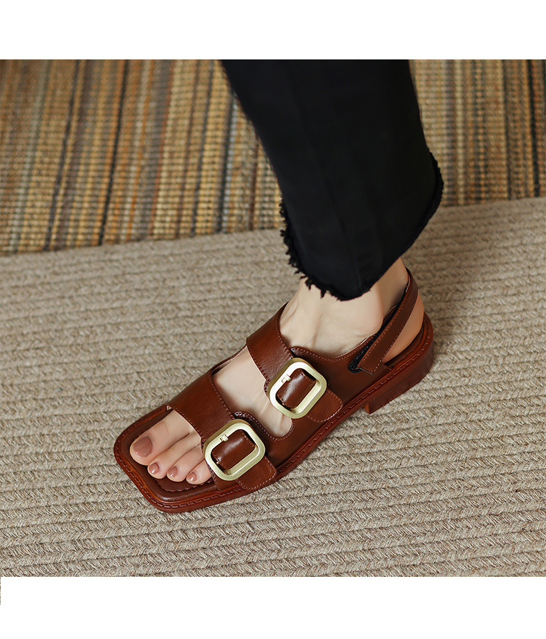Sandal hở mũi nữ quai ngang đế thấp phong cách La Mã cổ điển, da bò màu nâu — Màu nâu chi tiết 2