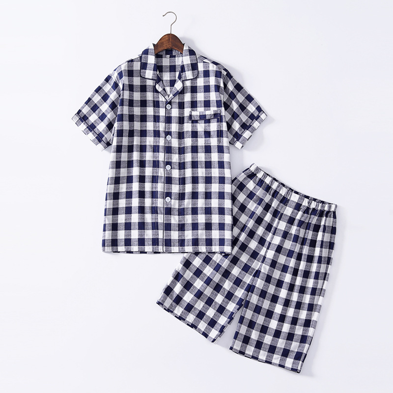 파란색 체크무늬 반소매 반바지