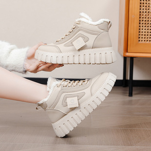 2025 New Winter White Shoes Ins Korean Style Fleece-Lined Cotton Shoes for Female Students High-Top Casual Warm Shoes 12261-1