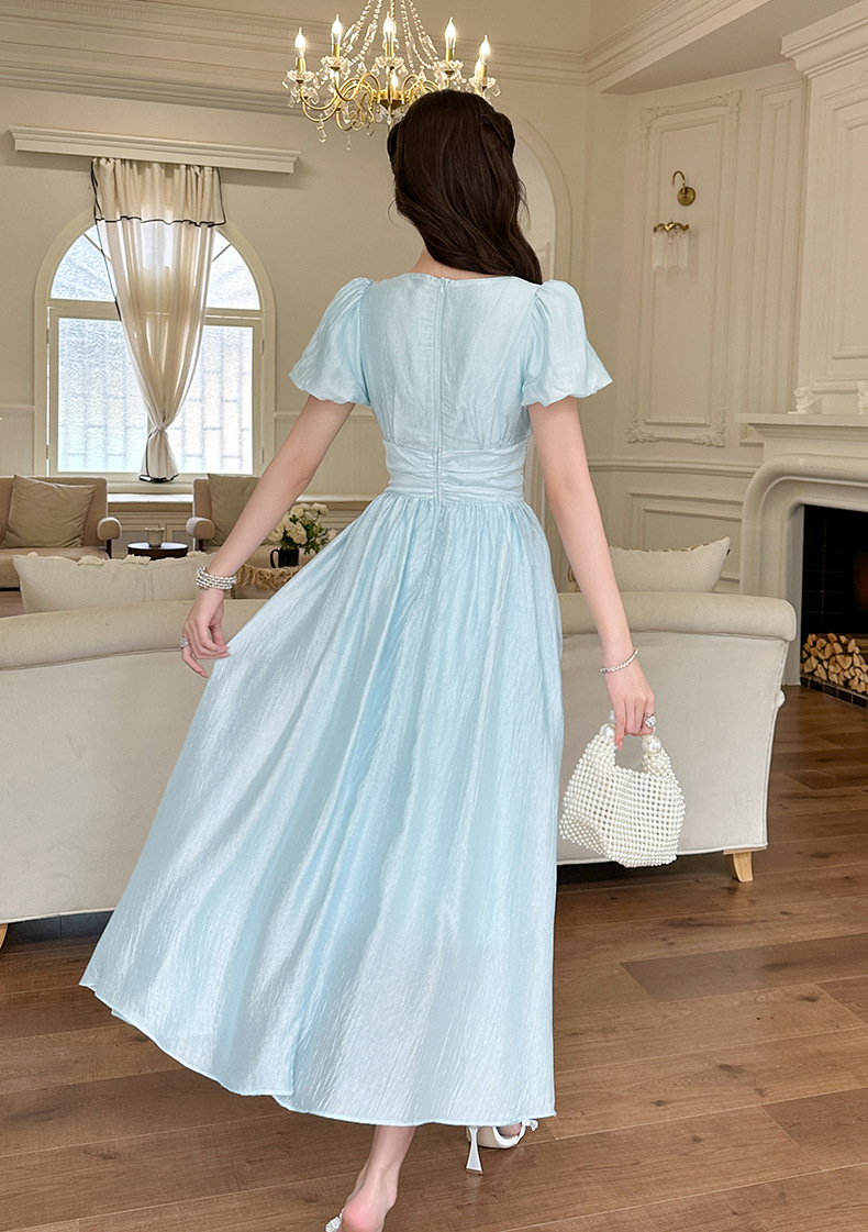 Đầm maxi nữ tay phồng thắt eo đính cườm dài qua gối — màu xanh chi tiết 14