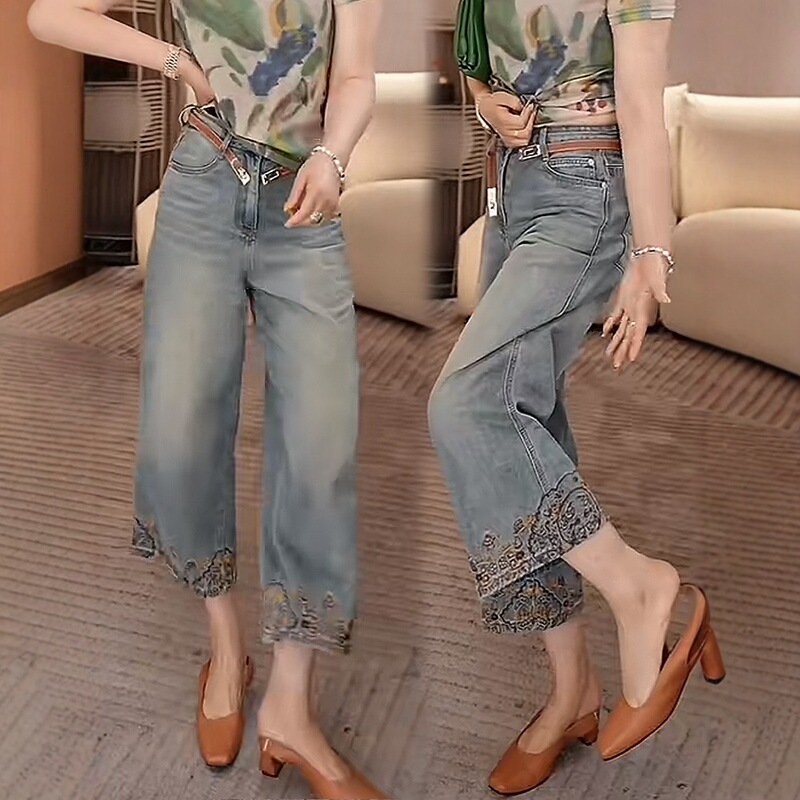 Ethnic Style Embroidered Eight-Point Retro Wide-Leg Jeans Thin Women's 2025 Summer New High-Waisted Straight Long Pants