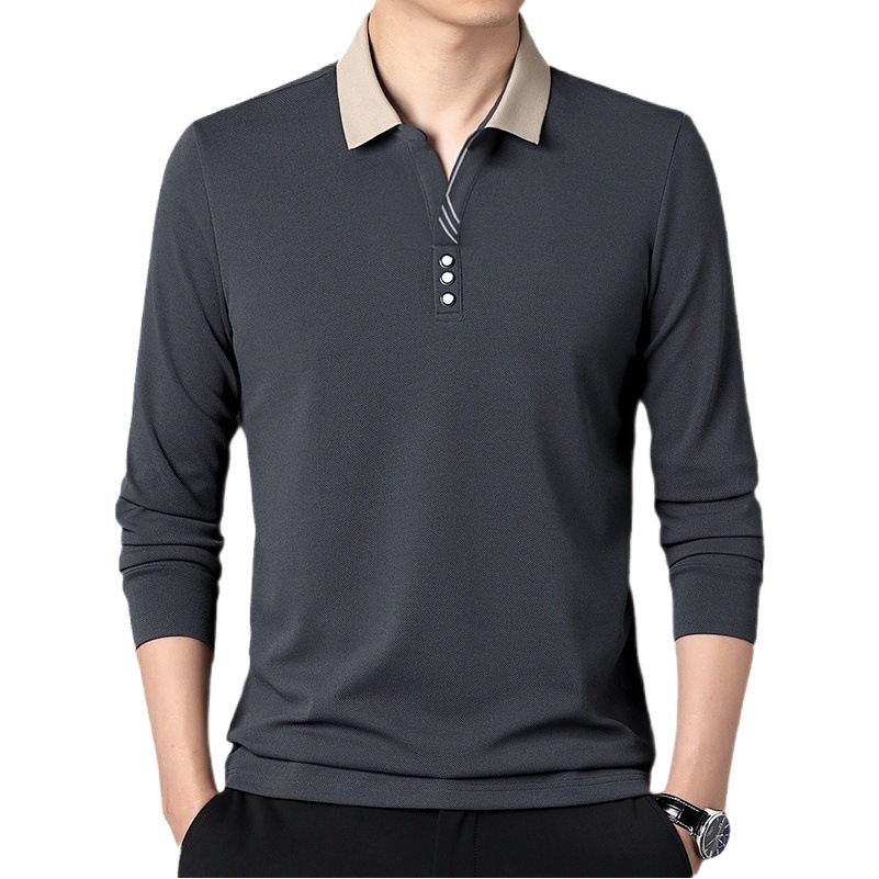 Tijeras collar Camiseta de manga larga de los hombres de Primavera y Otoño Nueva solapa simple casual solapa versátil camisa de polo de mediana edad de los hombres