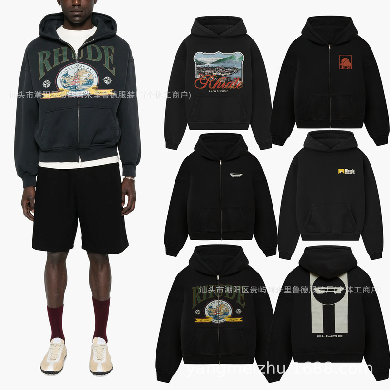 In-Stock Cross-Border Trendy Rhude Casual Hooded Sweatshirt for Men and Women, Independent Station Foreign Trade E-Commerce Heavyweight Cotton Jacket for Men