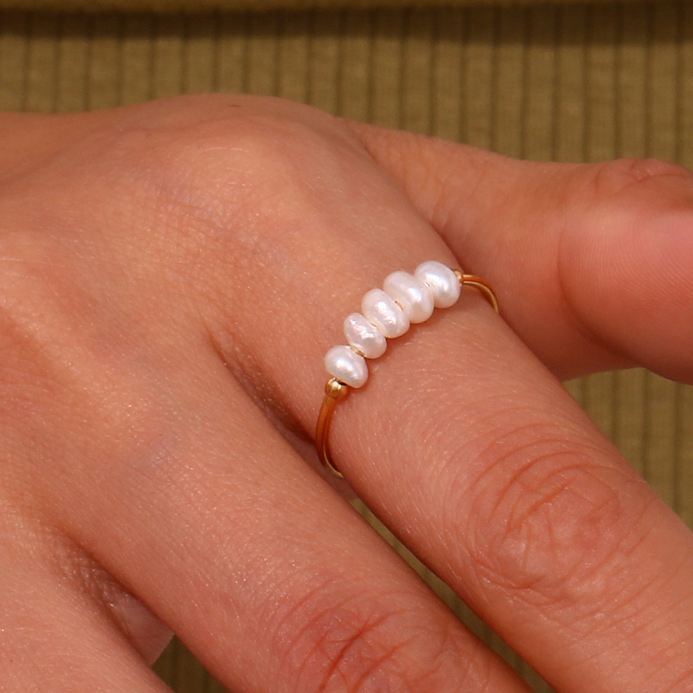 Geometric Pattern Women's Stainless Steel PVD Coated 18K Gold Plated Pearl Geometric Rings Imitation Pearl Jewelry