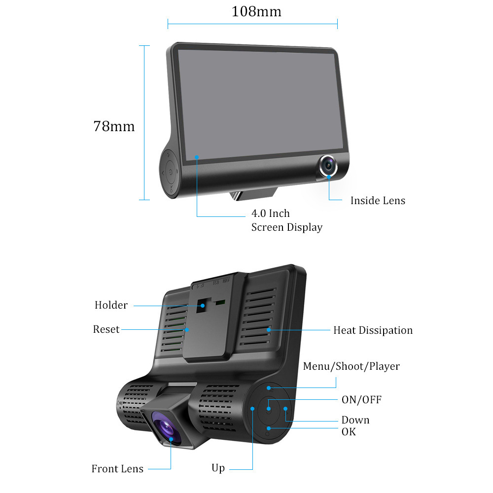 Car DVR 4inch Screen Dash Cam 3 Cameras Parking Monitor Car Video Recorder