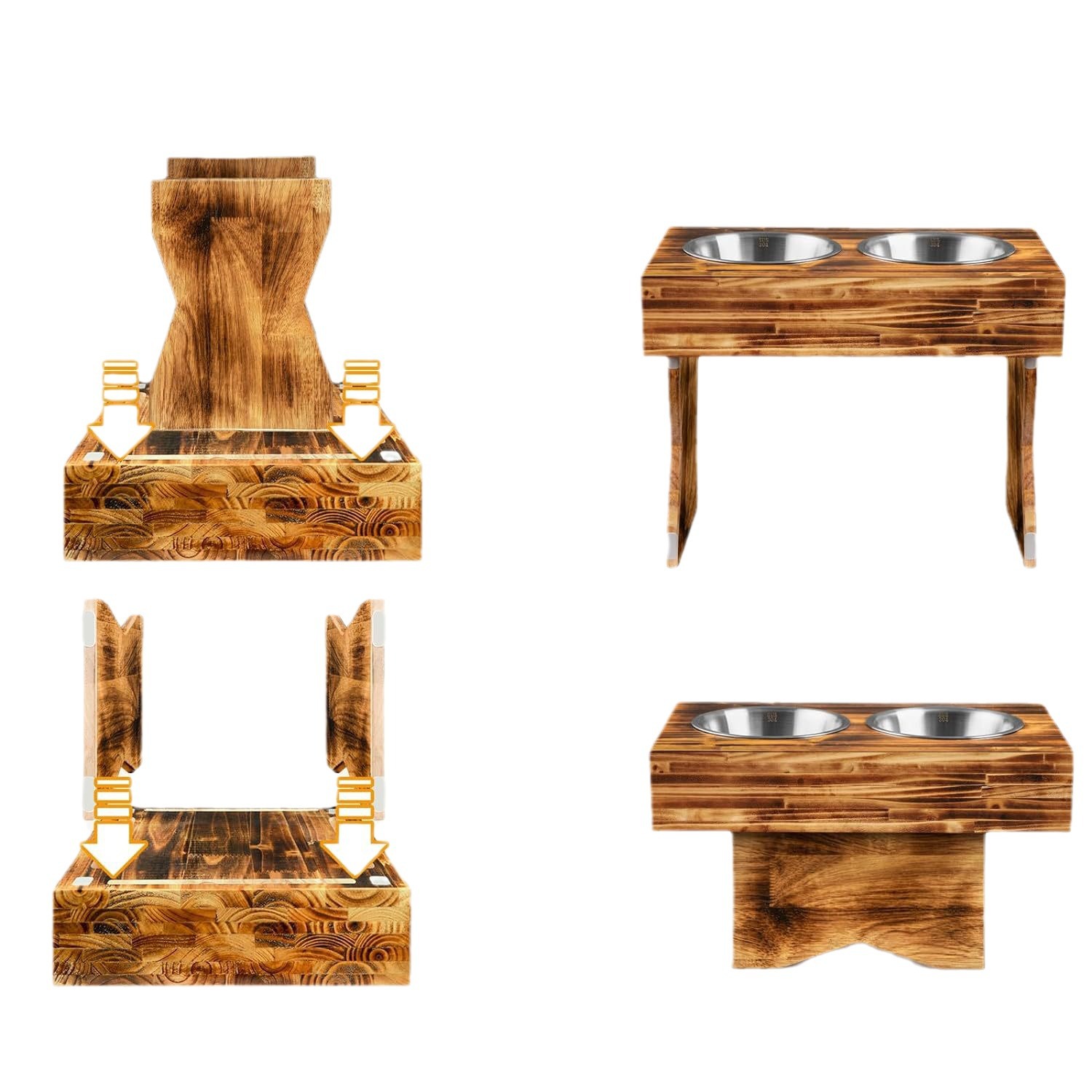 Estante de tazón de madera para mascotas, sala de estar, alimentador para perros y gatos, estante para tazón doble, tazón elevado, altura ajustable, estante de alimentación de agua de madera maciza