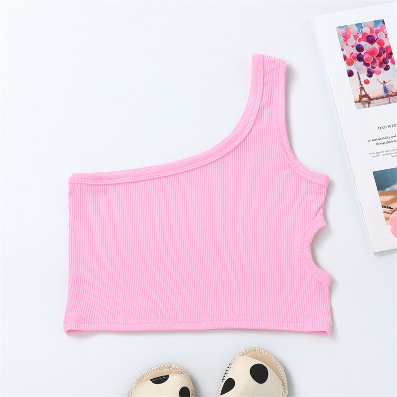 Nuevo chaleco de verano para niños hombro único cintura abierta en el mismo lado chaleco de cintura de chicas fabricantes de tendencia europea y americana cabello recto