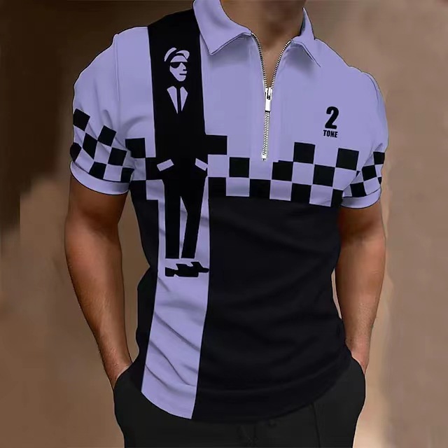 Polo décontracté à manches courtes et fermeture éclair pour hommes, motif numérique, 20233D_voghion.com