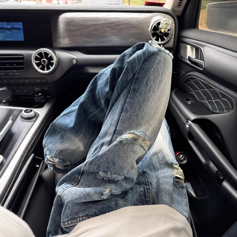 Light Blue Lightning Pattern Ripped Jeans Men's American High Street Vibe Pants Cleanfit Straight Leg Slightly Flared Pants