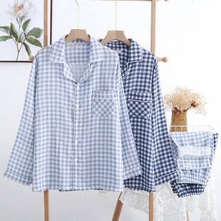 Men's Pajamas Can be Wearable for Spring and Autumn Thin Cotton Gauze Long Sleeve Trousers Japanese Style Plaid Simple Home Clothes Set