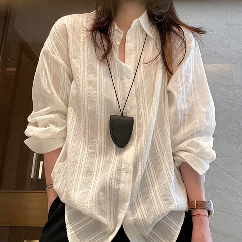 Cross-Border Hot-Selling 100% Cotton Vertical Striped Shirt for Women, Spring and Summer Casual Long-Sleeve Sun Protection Top Jacket