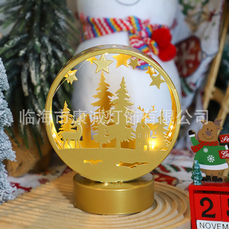 跨境新品铁艺LED圣诞小夜灯镂空发光圣诞节桌面橱窗装饰摆件|undefined