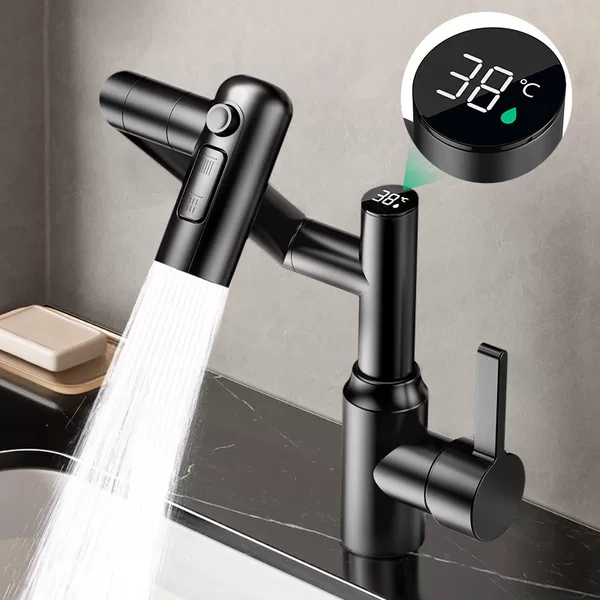 Stainless Steel Faucet for Washbasin, Bathroom, Multifunctional Mechanical Arm, Hot and Cold Water, Digital Display, Universal Rotation