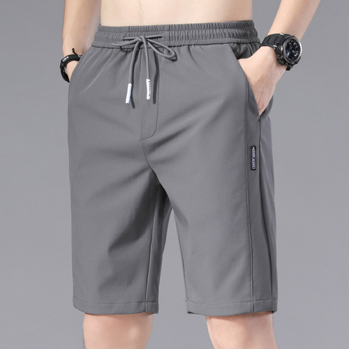 Men's Ice Silk Shorts 2025 Summer New Korean Style Loose Elastic Splicing Label Beach Five-Finger Mid Shorts
