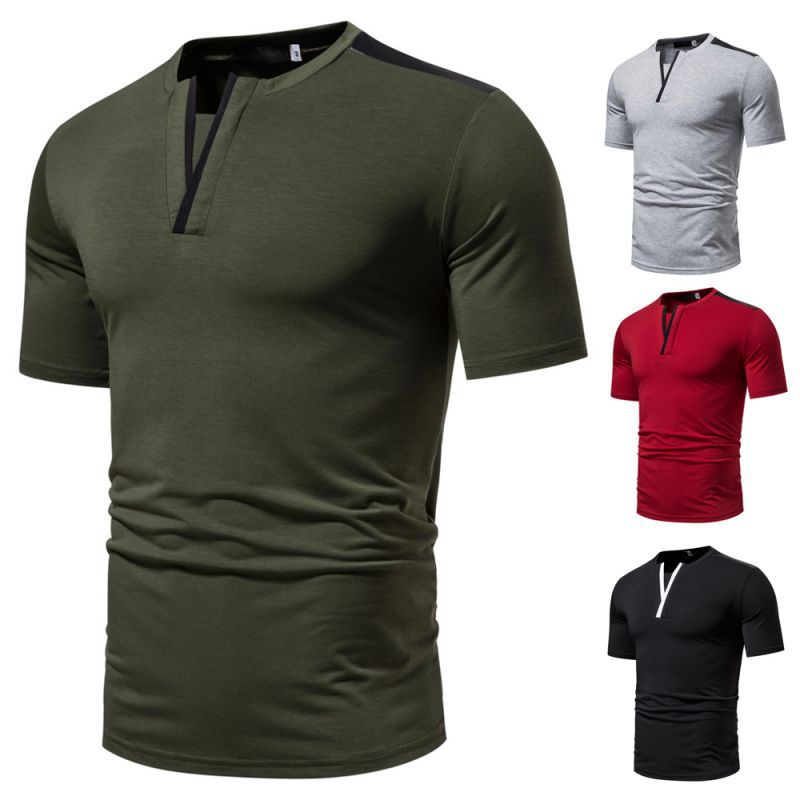 Muscle slimming summer new casual fashion top patchwork collar letter Y design short sleeved T-shirt for men_voghion.com