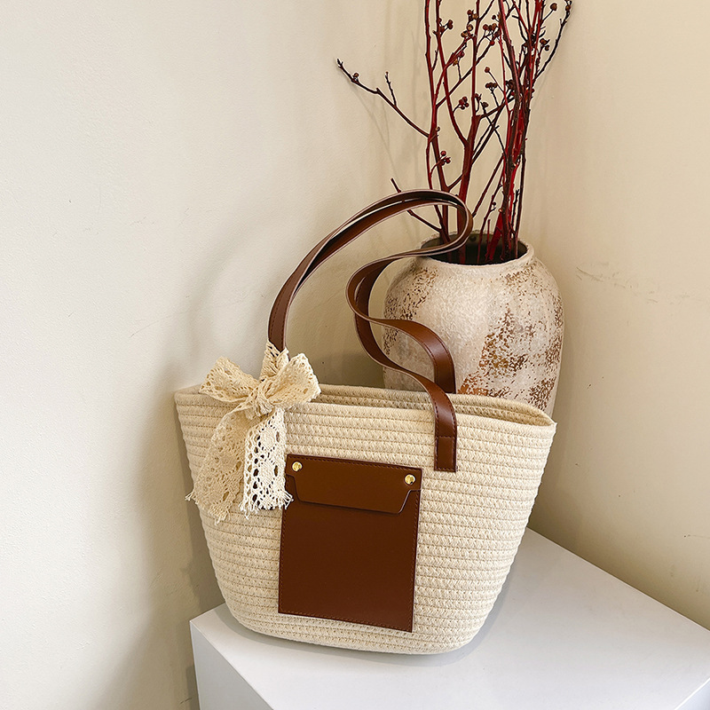 Damen Sommer Strohtasche Mit Farbblock Modische Umhängetasche_voghion.com