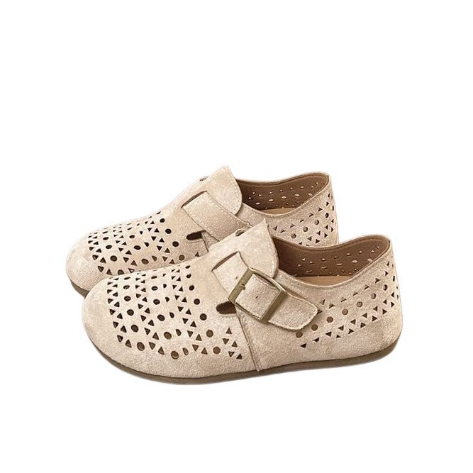 Vintage hueco botones de verano para mujeres 2026 transpirables zapatos perezosos de suela suave con una sola zapata plana