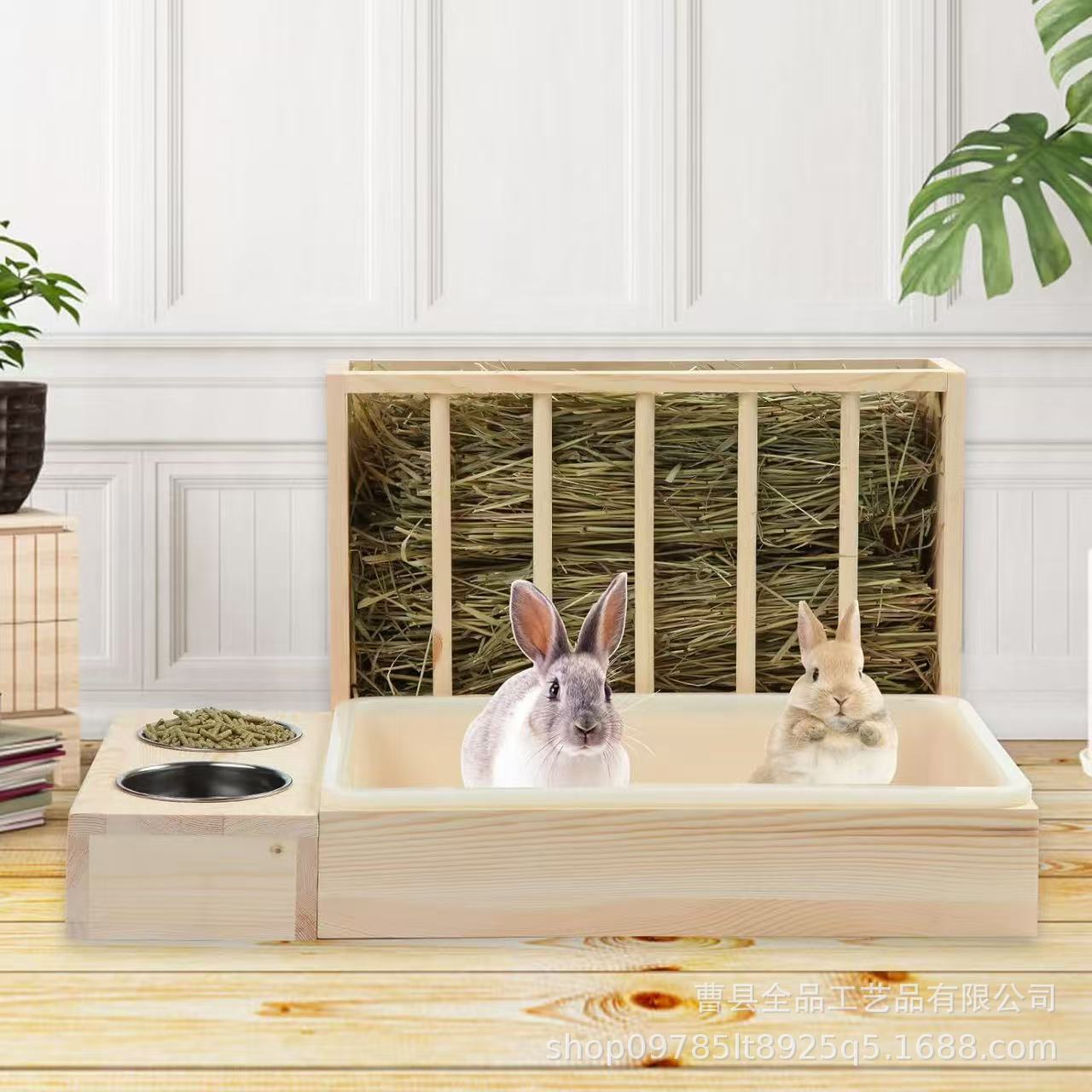 Nido de cría de conejos de madera Beber agua para comer Mascotas Alimentador ornamental Juego de nido de codorniz de hámster Estante de paja de conejo