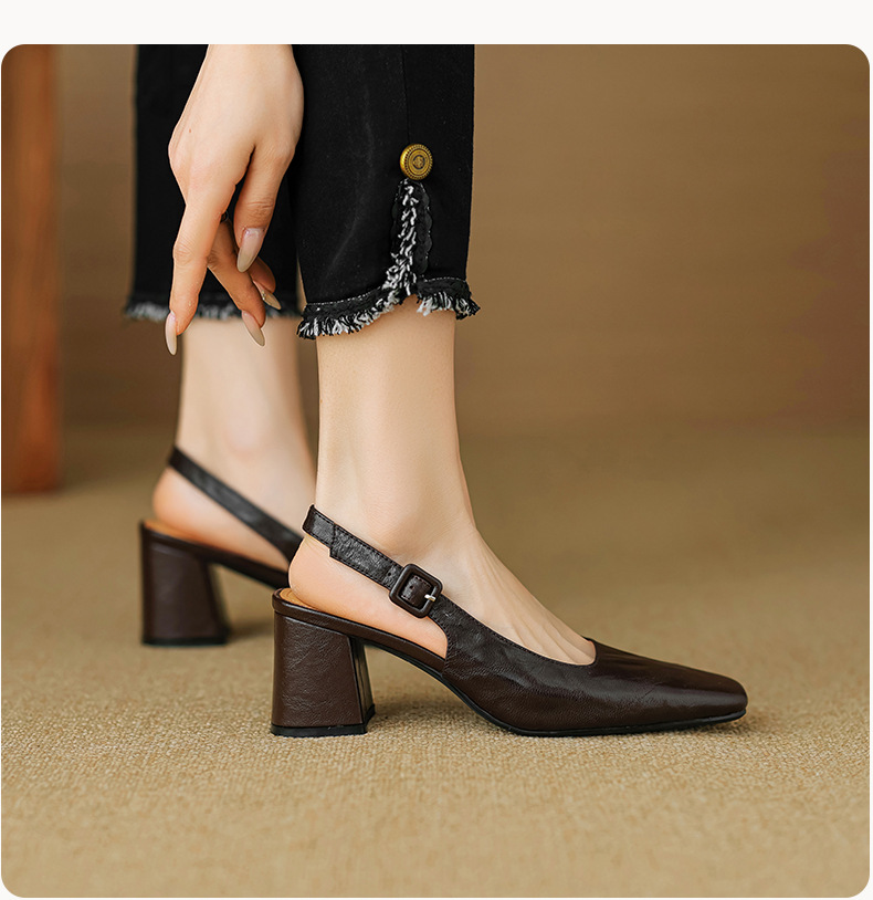 Sandal cao gót nữ mũi nhọn quai khóa, gót thô 9 cm phong cách Hàn Quốc — màu nâu chi tiết 8