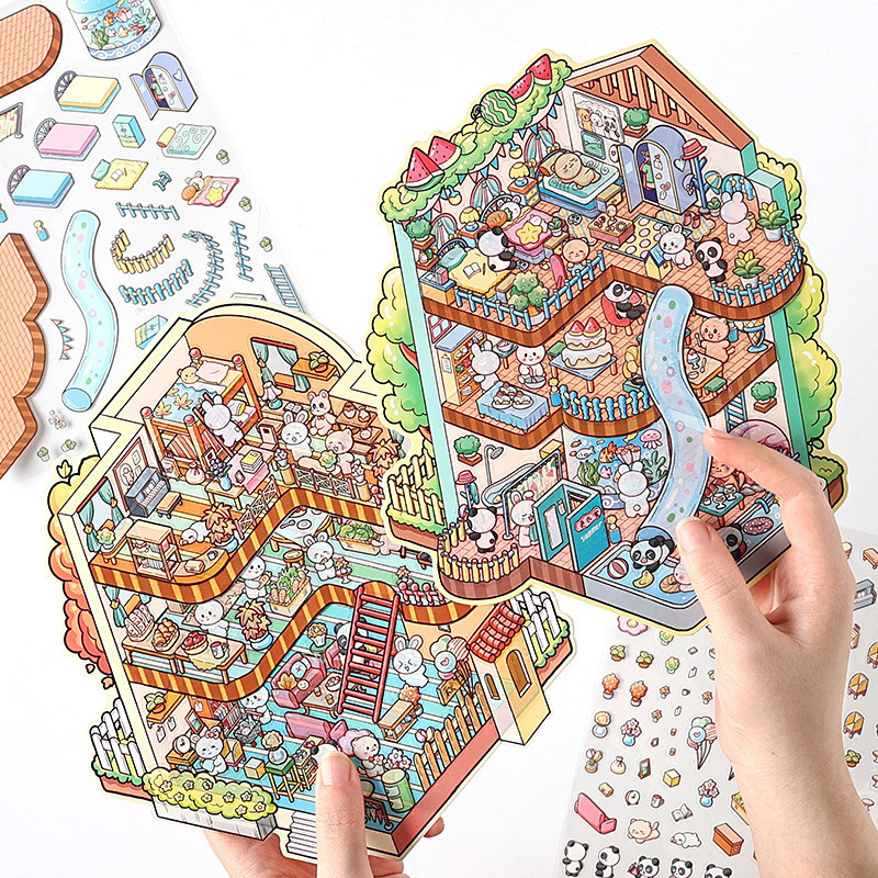 Pegatinas de paisaje de primavera, verano, otoño e invierno, dibujos animados de tres capas, collage de escenas en miniatura 3D, pegatinas de facturación de bricolaje