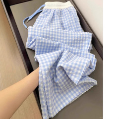2025夏の薄いタイプの青い白い格子の偽の2つのカジュアルなズボンの女性の新型のゆったりしたまっすぐな筒の散歩の大きい足のズボン