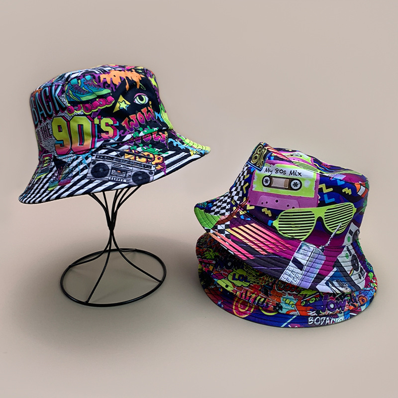 New trend retro hip hop fisherman hat men and women double-sided outdoor disco sunshade graffiti bucket hat wholesale