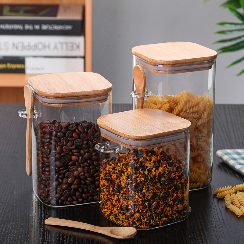 Square Glass Snack Storage Jar with Wooden Spoon, Household Grain Storage Jar, Transparent Multi-Specification Tea Jar
