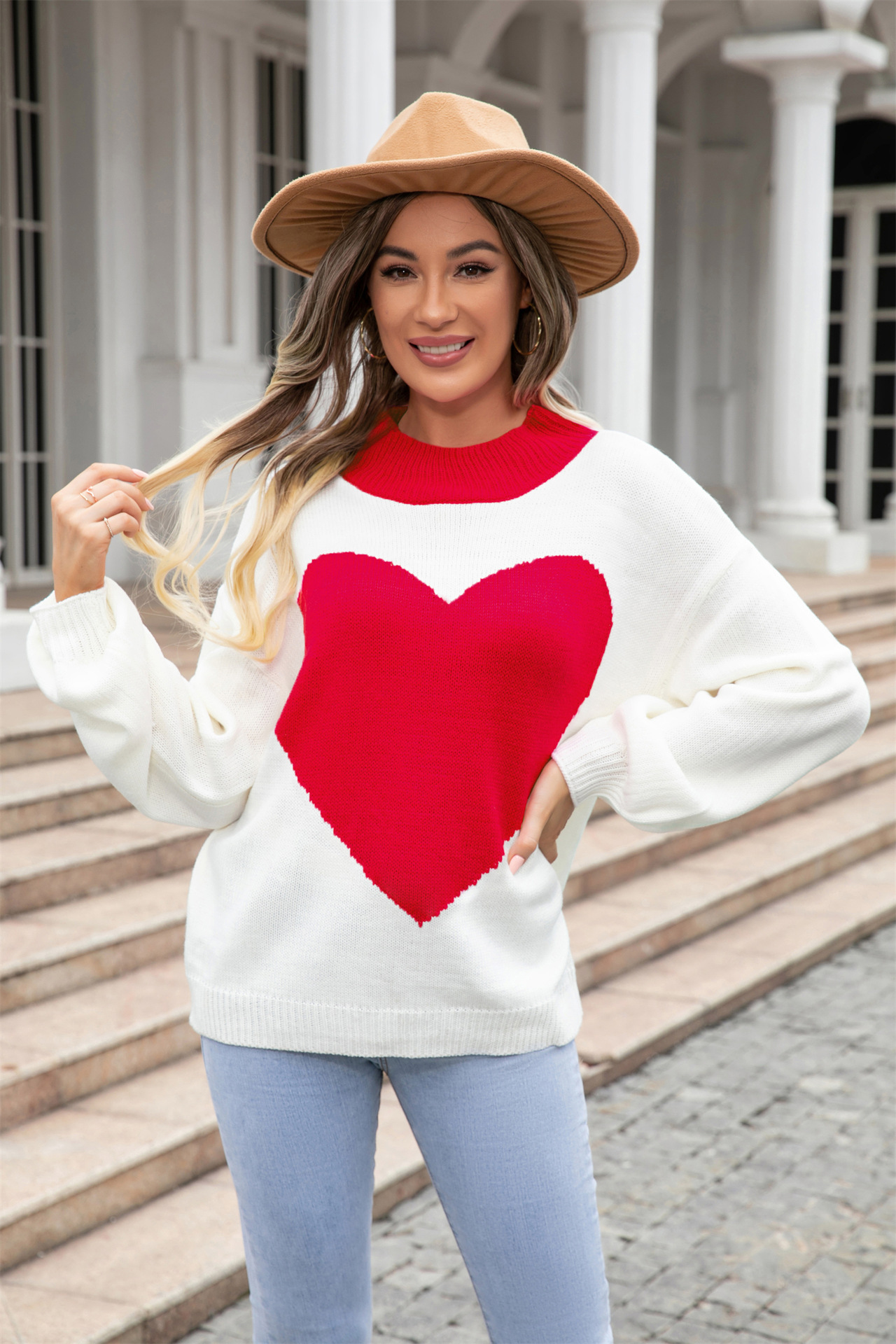 Suéter de Punto con Cuello Redondo y Estampado de Corazón Grande para el Día de San Valentín, Novedades de Primavera 2025, Comercio Exterior de Amazon, para Mujer