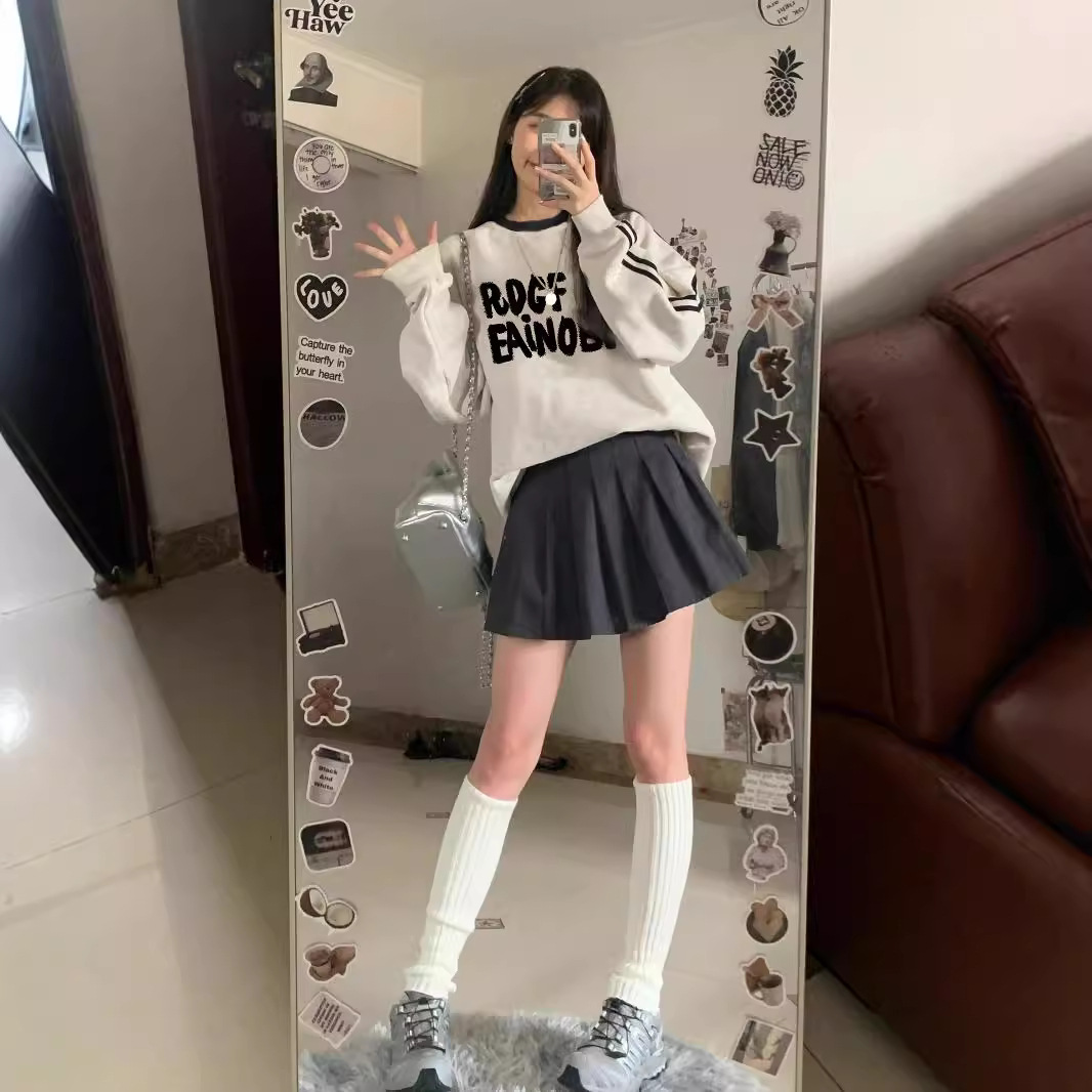 CREWNECK HATLESS THREE BAR SWEATSHIRT 여성의 봄과 가을 새로운 대형 소형 멜란지 그레이 느슨한 풀오버 탑