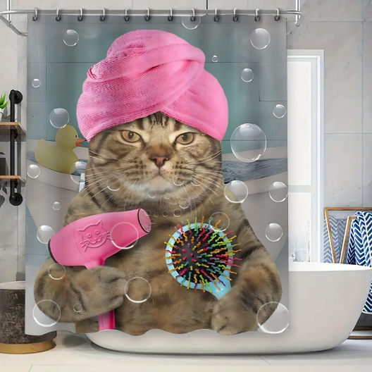 Divertida cortina de baño valiente gato sostiene tridente flecha montar tiburones en las olas ballenas gatos cortina de baño conjunto baño