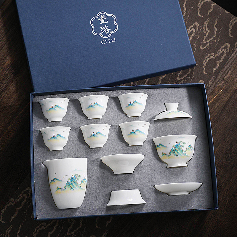 Sheer Jade and Dehua White Porcelain Gourmet Tea Set, Home Use, High-End Minimalist Office Teapot, Tea Cup, Cover Bowl, Ceramic