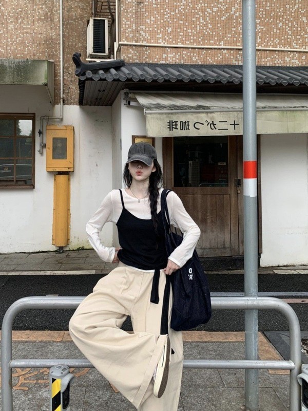 韩系慵懒松弛感上衣女早秋长袖T恤气质针织衫两件套打底衫|undefined