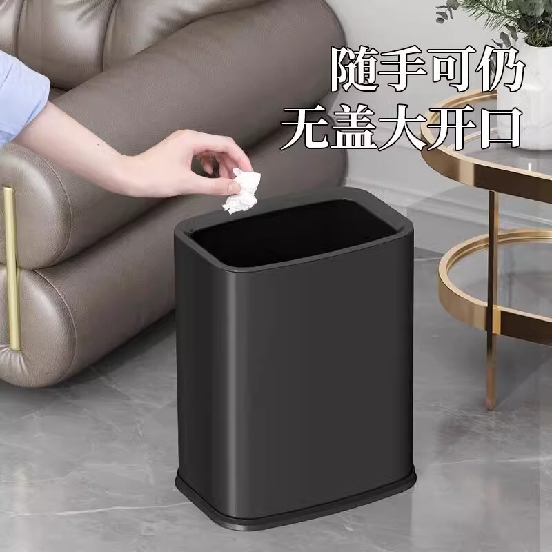 2025 New Square Lidless Direct-Throw Kss Stainless Steel Double-Layer Trash Can for Home Kitchen Living Room 15L Hotel