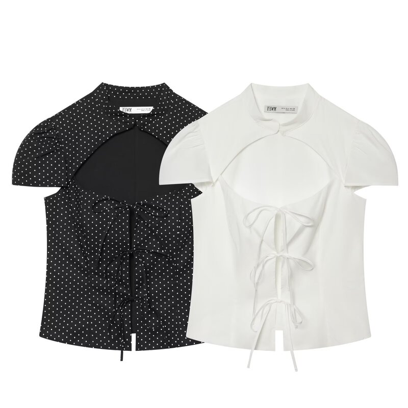Myst&Za New Summer Product Cross-Border Women's Clothing Elegant and Versatile Short-Sleeved Round Neck Slit Bow Shirt 4772044