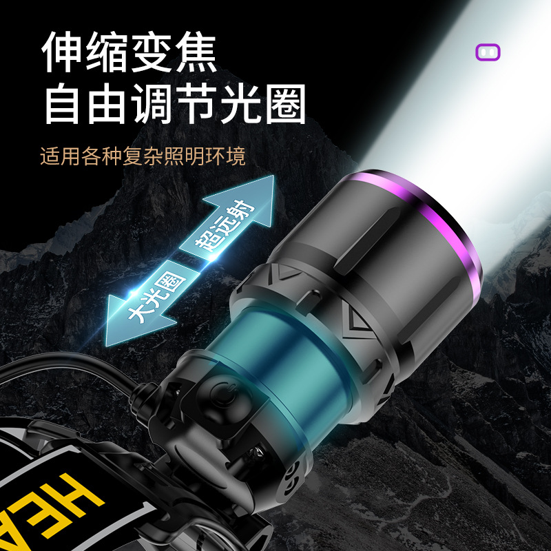 Faros de doble luz blanco y morado, viajes al aire libre, pesca nocturna, faros de luz fuerte, zoom telescópico, faros de aleación de aluminio recargables de largo alcance