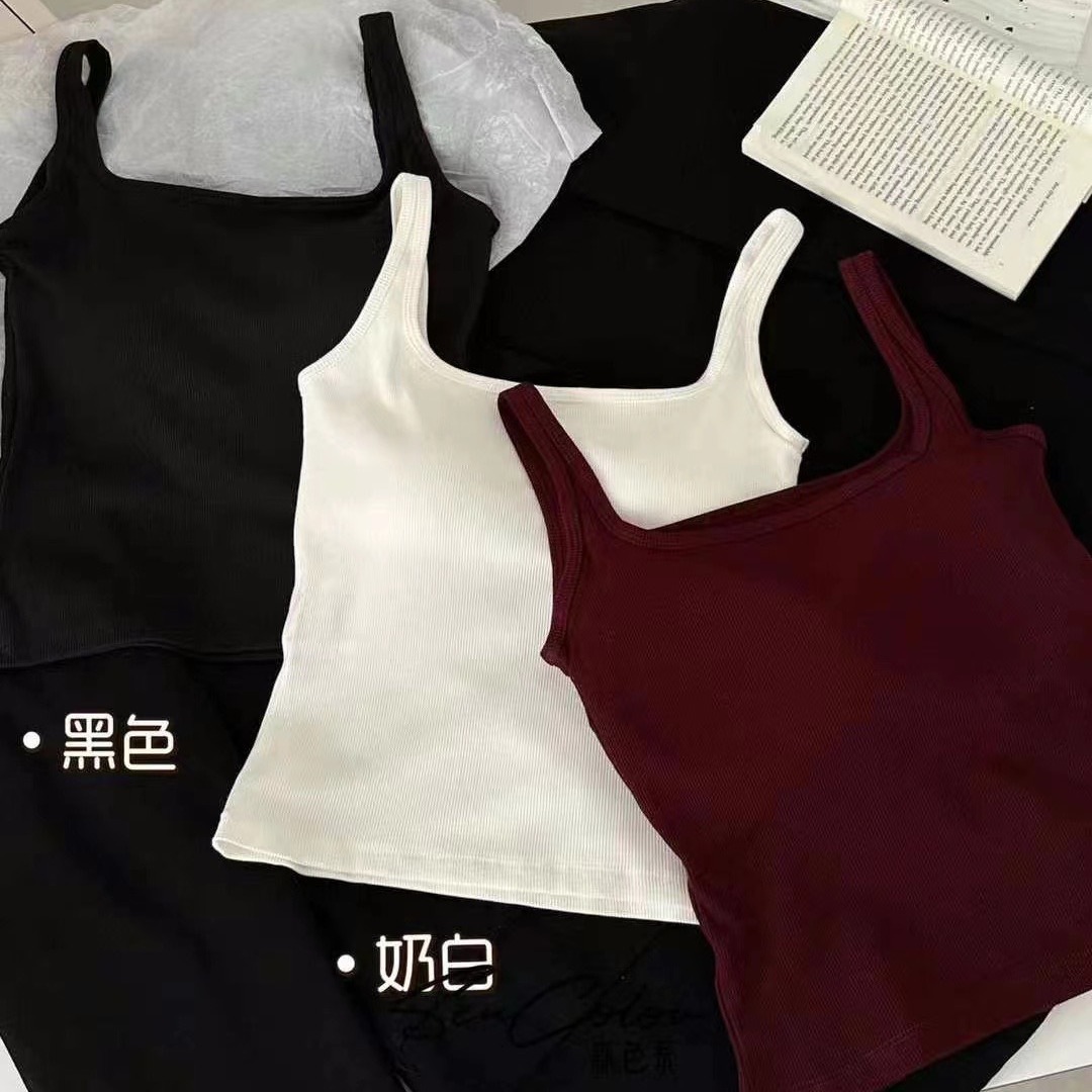 6850 Autumn/Winter New Brushed Square Neck Vest for Women, Thin Fleece, Fixed Cup, Camisole, Trendy Inner Layer Top