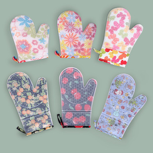 Silicone Gloves Thickened Cotton Double Layer Heat Insulation Gloves Baking Two Finger Microwave Oven Printed Cloth Gloves Wholesale