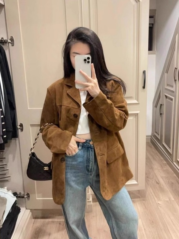 美拉德复古棕色皮衣外套女秋季2025新款感宽松麂皮绒西装上衣|undefined