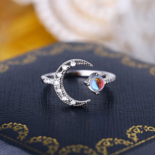 月光石戒指 925银镶天然蓝月光石3*3mm活口女士戒指批发