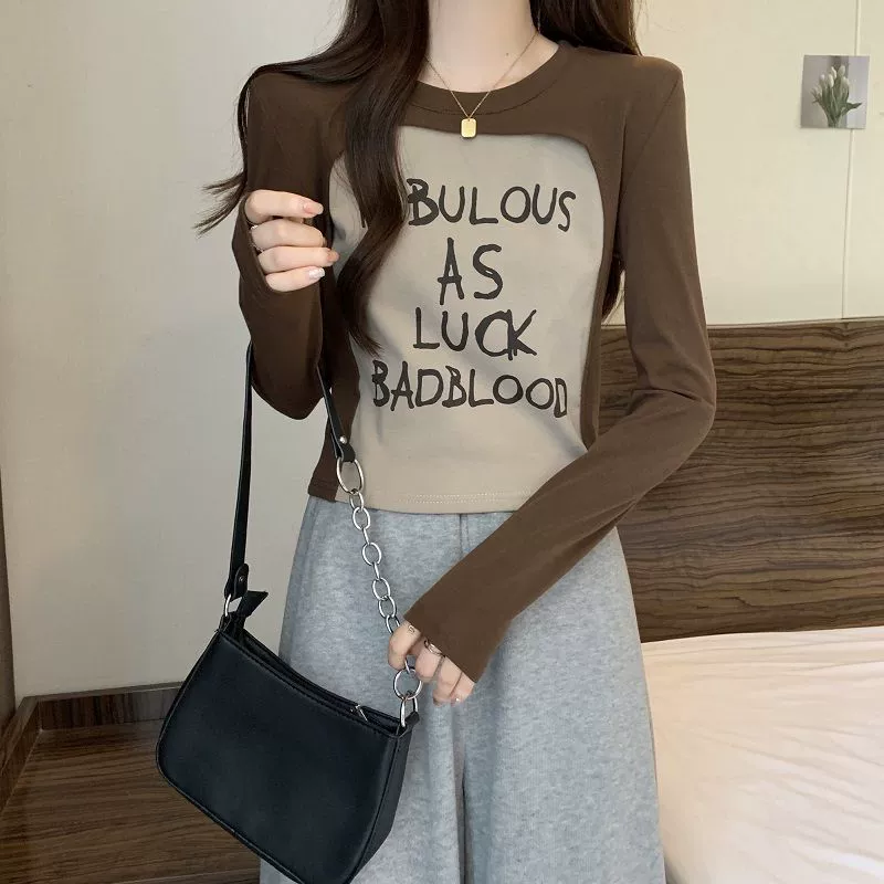 Осенний новый сладкий и пряный ветер с круглым вырезом с длинными рукавами топ женский тонкий и тонкий дизайн